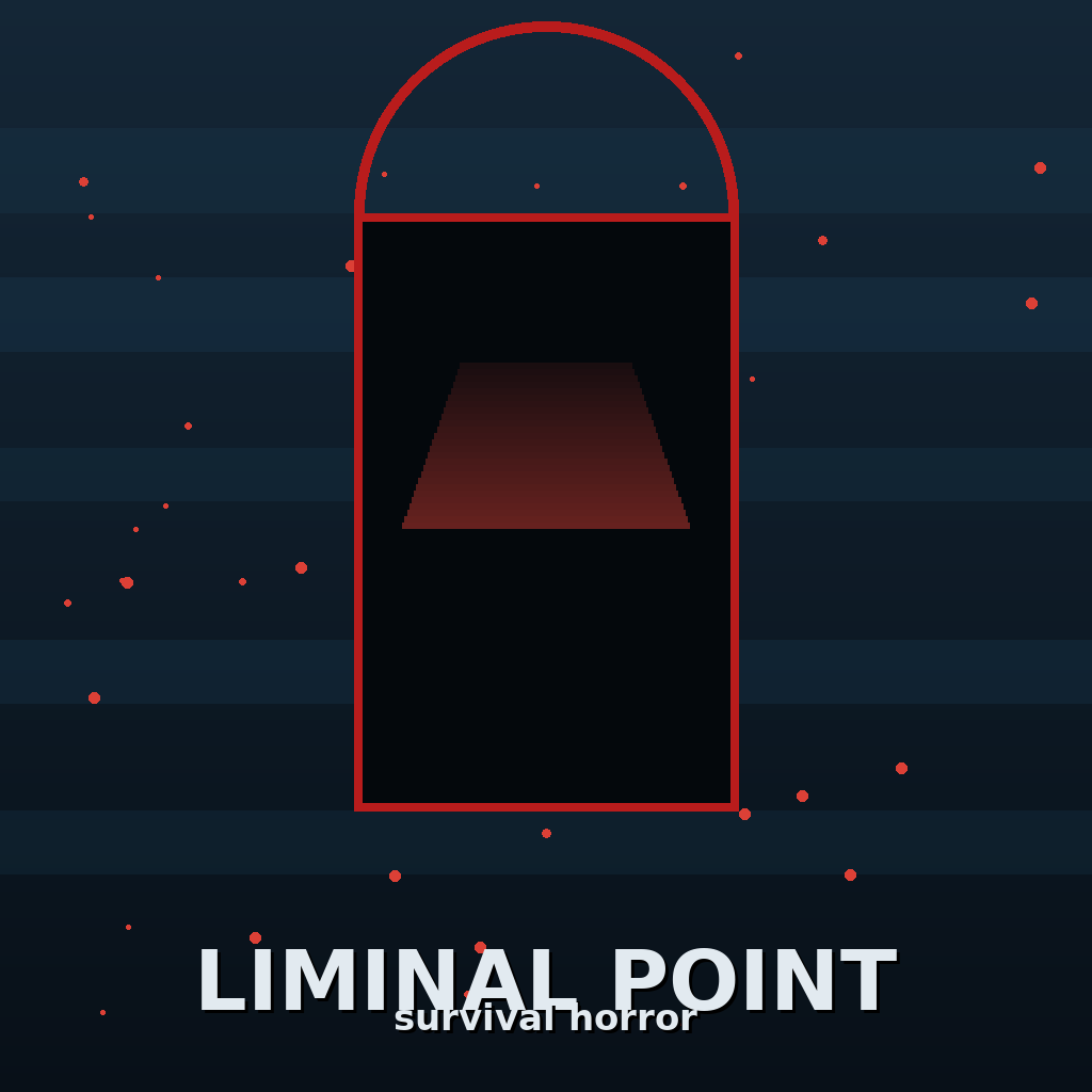 Original unofficial wiki brand illustration: fog-blue background with a blood-red liminal threshold doorway and the Liminal Point wordmark; not a game screenshot.
